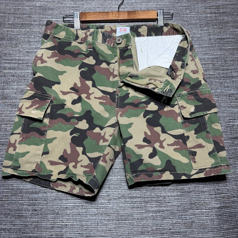 Obey Cargo Shorts Mens 33 Green Camouflage Streetwear Tactical Utility